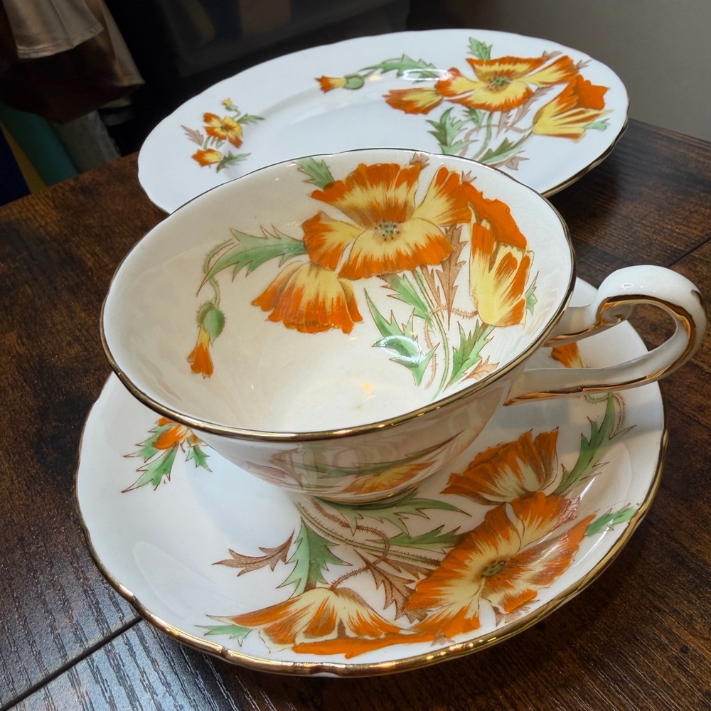 Royal Chelsea "Lake Louise Poppy" English bone china teacup, saucer, plate set.